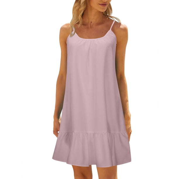 Mini vestido camisola sin mangas y sin espalda para mujer, para la playa, de poliéster, con volantes en el dobladillo, para cubrir el bikini, para llevar en vacaciones y en fiestas en la piscina.