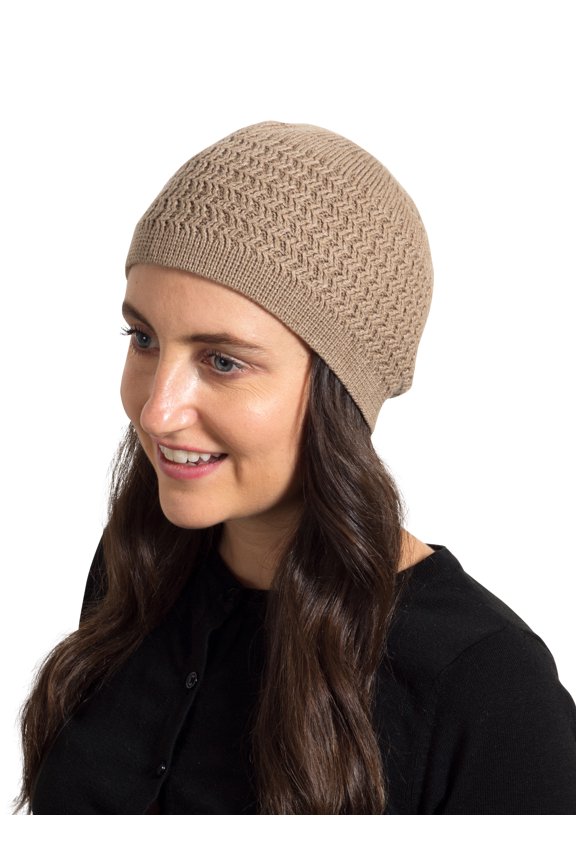 Over-the-Ear Kufi Beanie Cap With Zigzag Knit For Unisex Adult, Beige