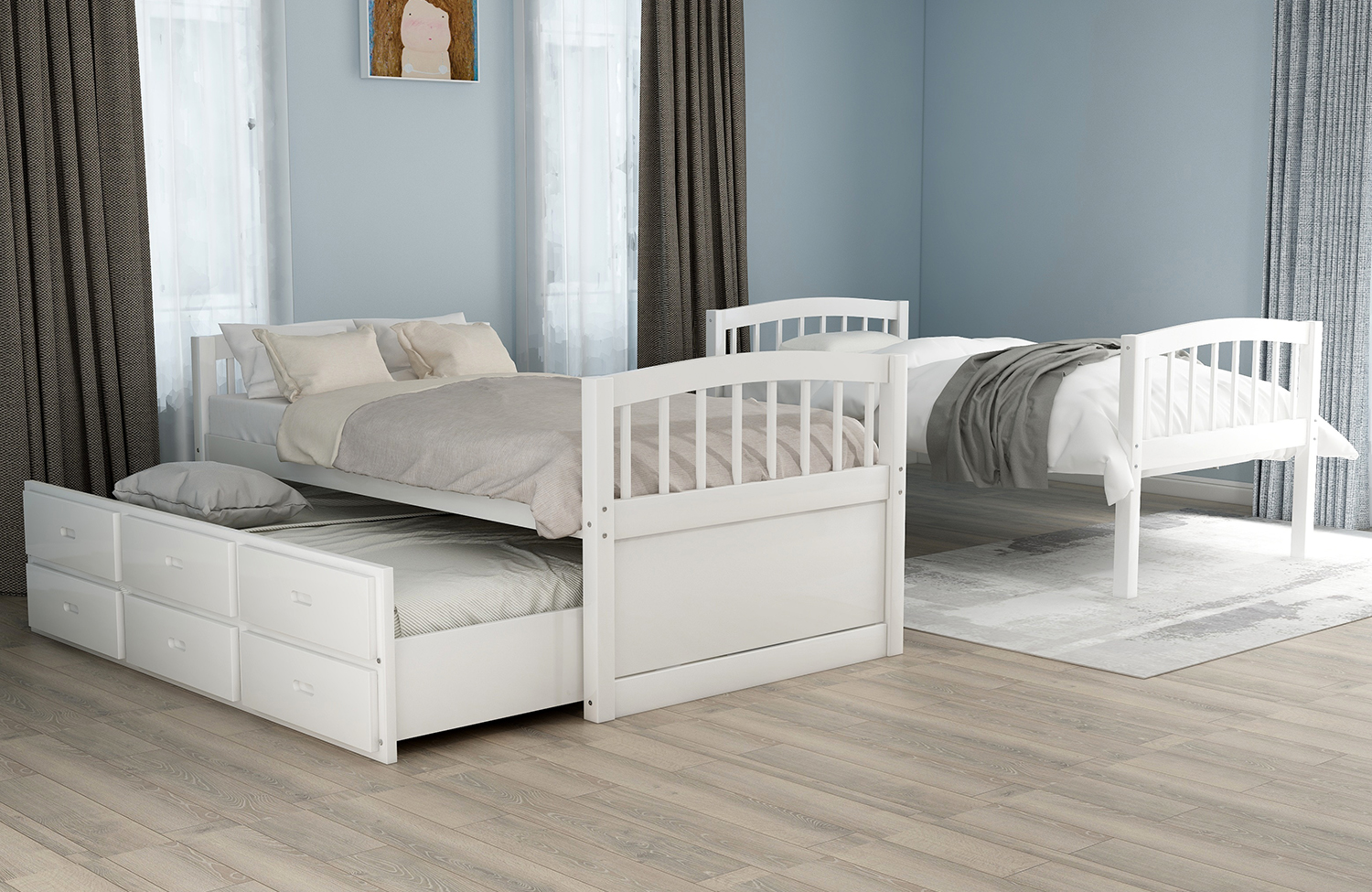 Euroco Twin Over Twin Wood Bunk Bed with Trundle and Drawers, White - image 3 of 13