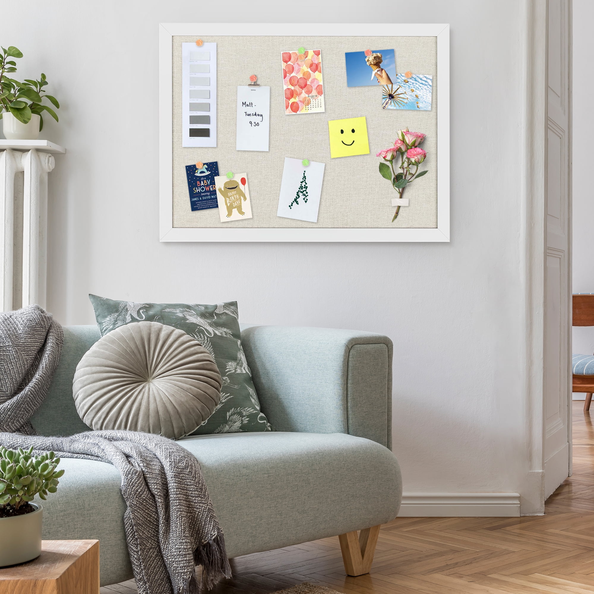 24" x 18" Bulletin Board with Linen Wood Frame Cork Board with 20 Pushpins, Wall and Office Decor for School, Home & Office, White