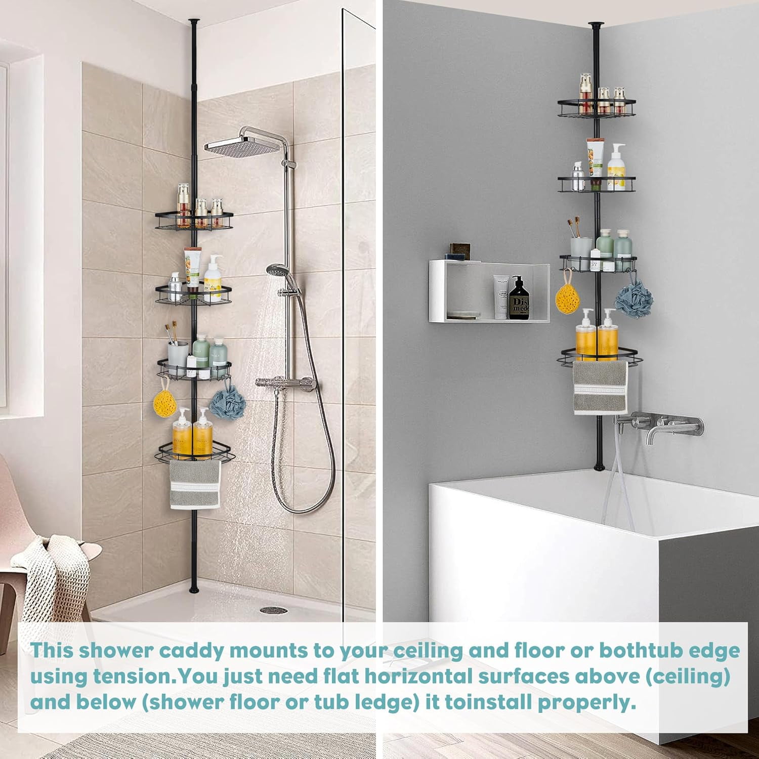Black Shower Caddy Corner Organizer for Bathroom, Stainless Steel Tension Pole Corner Shelf Shower Caddy Stand for Bathtub Shampoo Storage, 4 Tier Adjustable Shelves, 28.7 to 104.7 Inches