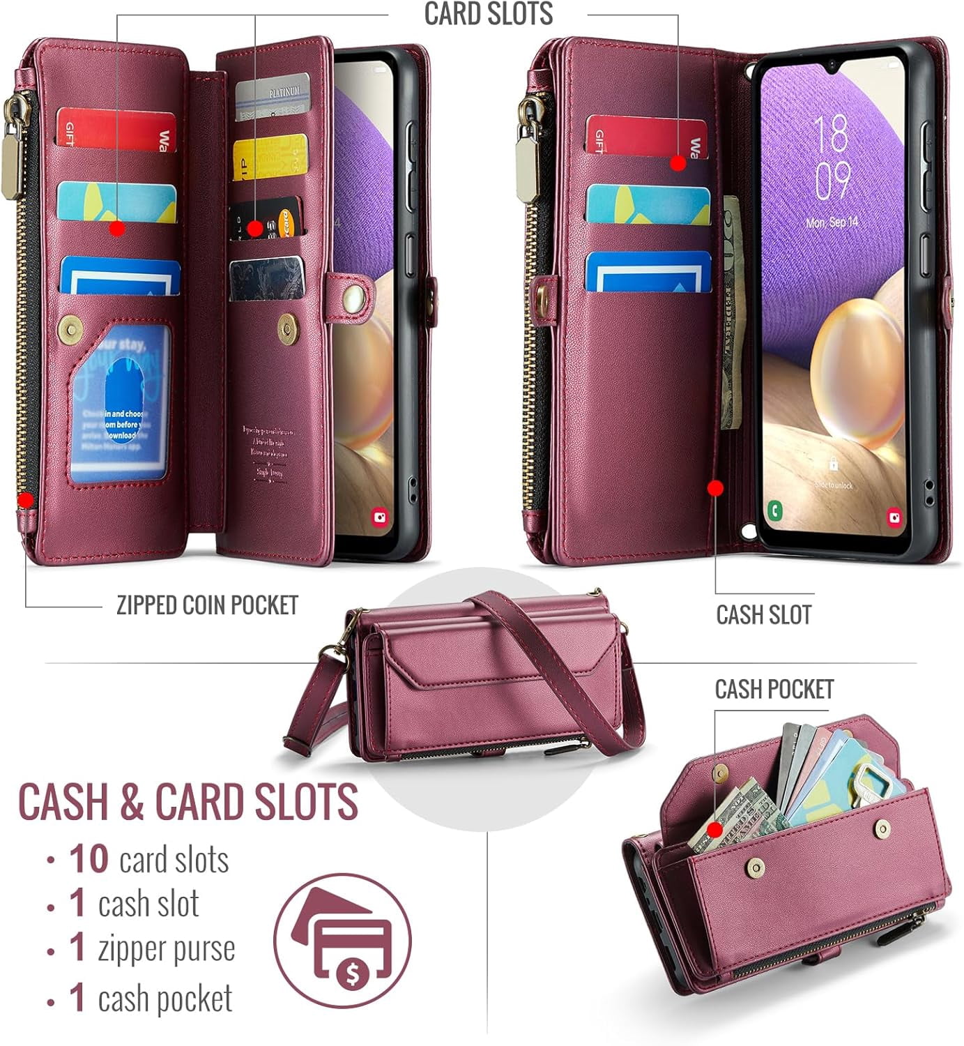 Phone Case for Samsung Galaxy A32 5G 2021 6.5 inch Zipper Wallet Cover with Screen Protector and Leather Flip RFID Blocking Card Holder Cell M32 G5 A 32 32A S32 SM-A326U A326U Women Wine Red