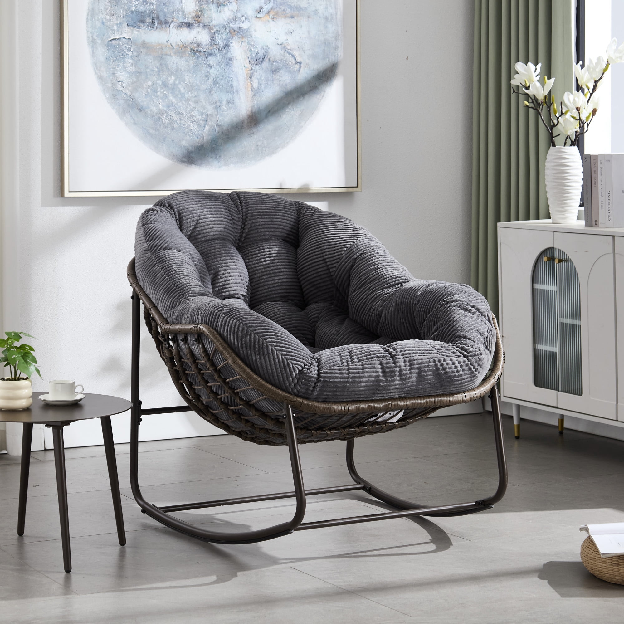 Leumius Outdoor Rattan Rocking Chair, Padded Cushion Rocker Recliner Chair Outdoor for Front Porch Living Room Patio Garden, Grey