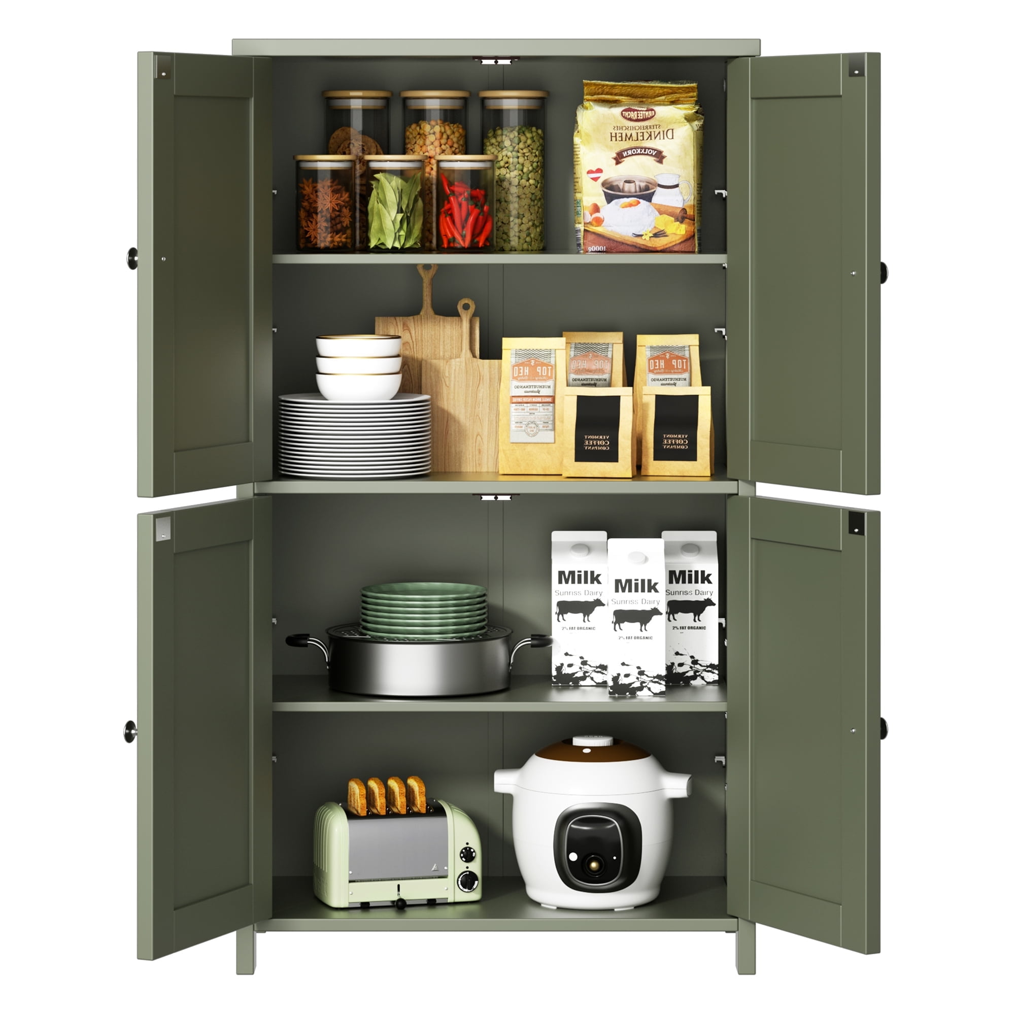 Walsunny Freestanding Bathroom Floor Storage Adjustable Shelf with 4 Doors 43" Wooden Pantry Cabinet for Kitchen Small Spaces,Green