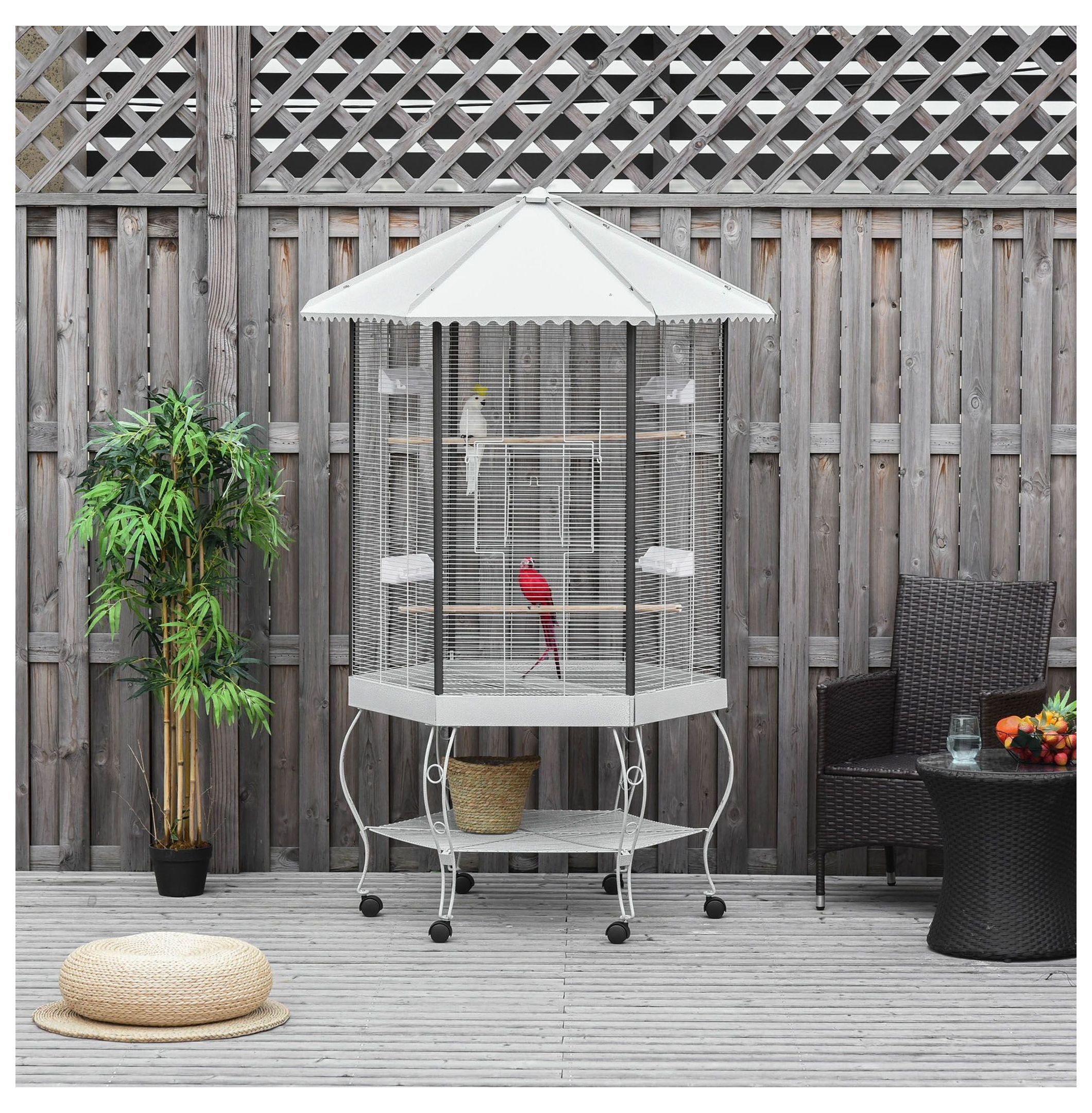 77" Bird Cage, Hexagon Aviary with Canopy & Stand, Portable Bird Cage with Storage, Gray & White