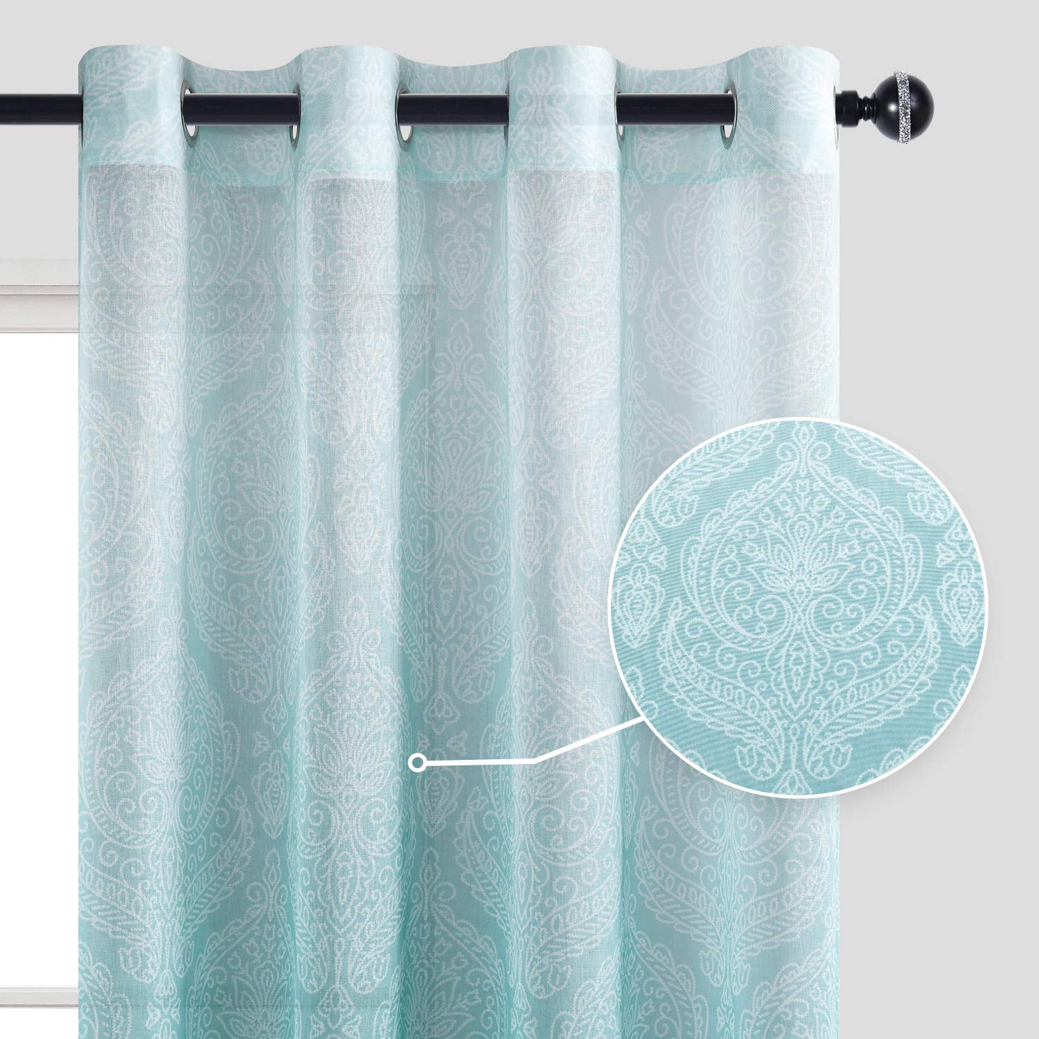 JIUZHEN Damask Ombre Semi Sheer Curtains for Living Room - Faux Linen Gradient Grommet Voile Curtains for Boys Kids Room Bedroom, 2 Window Curtain Panels, 52 x 63 inch Length, Turquoise