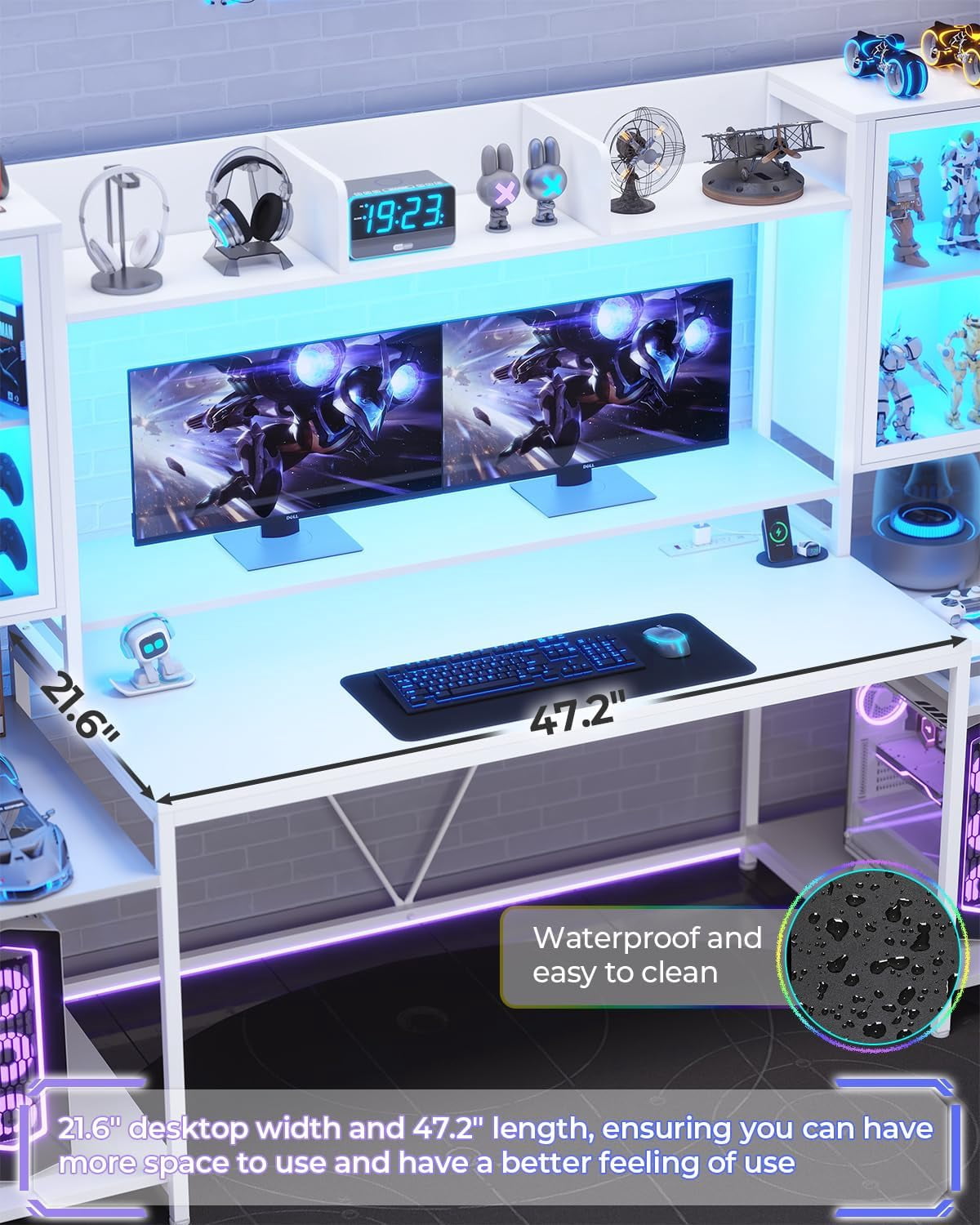Gaming Desk 74.8'' with LED Lights, Hutch and Storage Shelves, Computer Desk with Monitor Stand, Large PC Gamer Desk Workstation, Ergonomic Gaming Table for Bedroom, Living Room, White