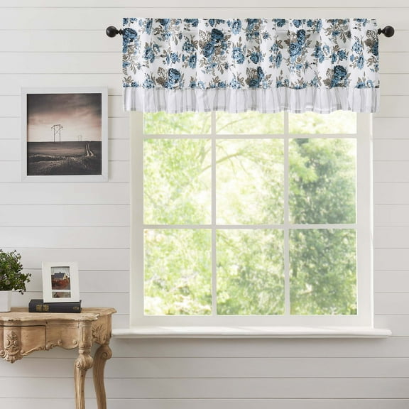 VHC Brands Annie Blue Floral Vintage Farmhouse Ruffled Valance Kitchen Curtain Set 16x73