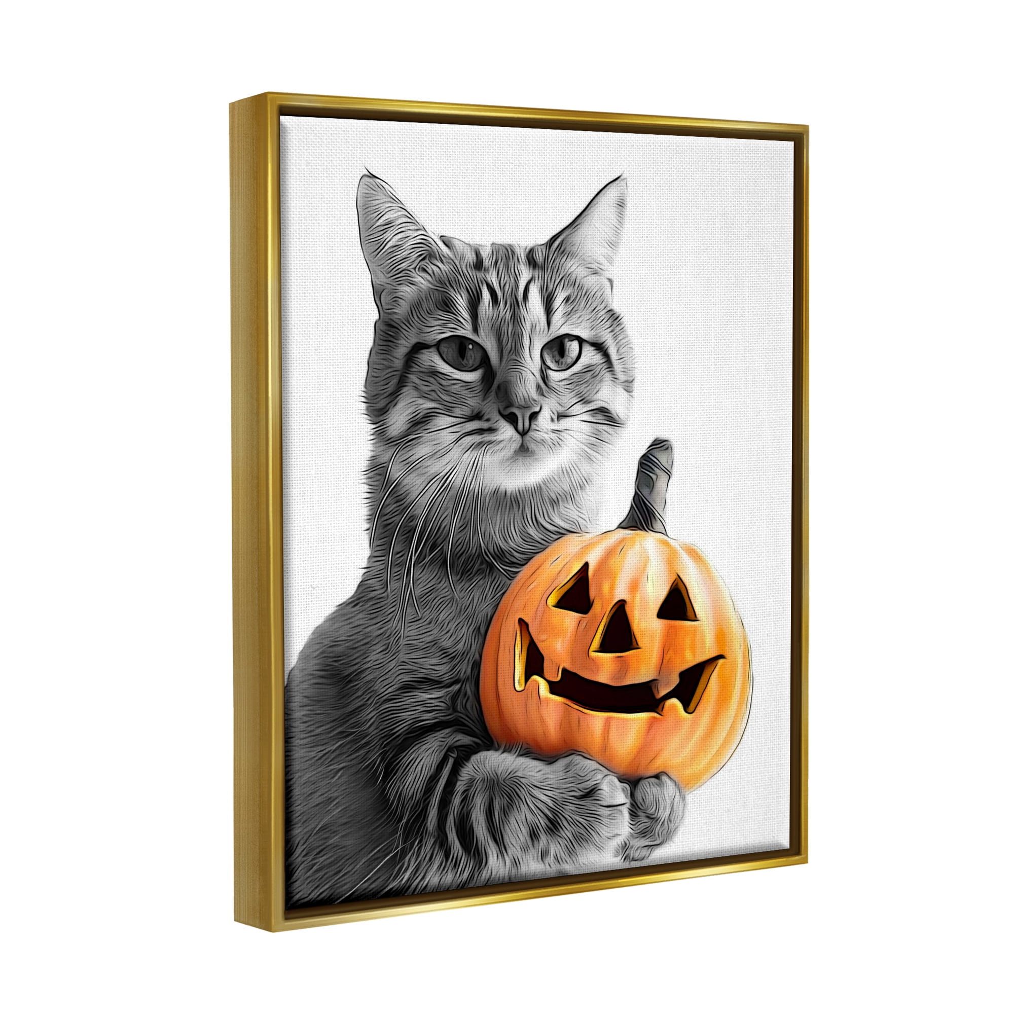 Stupell Industries Cat & Jack-o-Lantern Holiday Painting Gold Floater Framed Canvas Art Print Wall Art, 25 x 31