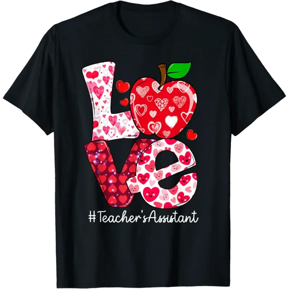 LOVE Apple Teacher's Assistant Valentines Day Buffalo Plaid T-Shirt for Men Women Tops Tee