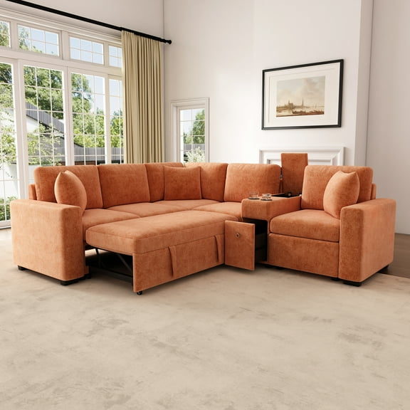 Harper & Bright Designs Modular Sectional Sofa with Pull Out Bed, Convertible Sofa Sleeper with Storage, Chenille U-shaped Sectional Sofa with Console and Cup Holders, Orange