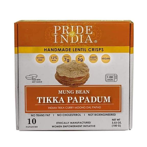 Pride Of India - Tikka Curry Mung Bean (Moong Dal) Papadum Lentil Crisp, 10 count (3.53oz - 100gm) - Instant Microwaveable Vegan Healthy Crackers | Tastes like Indian Curry Sauce | Mild Spice Level