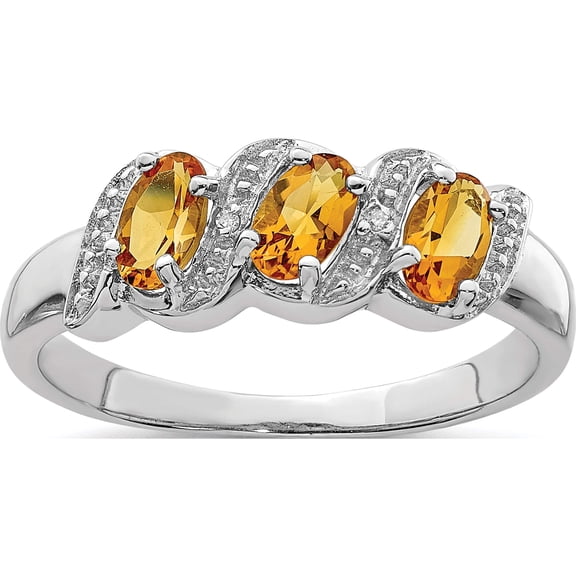 Sterling Silver Rhodium 3 Stone Citrine & Diamond Ring (Size 6) Made In India qdx730-6