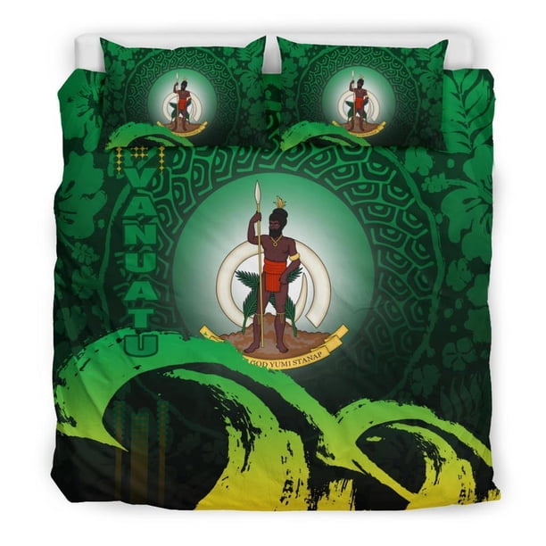 Vanuatu Juego de Funda Nórdica - Escudo de Vanuatu Onda e Hibisco Verde