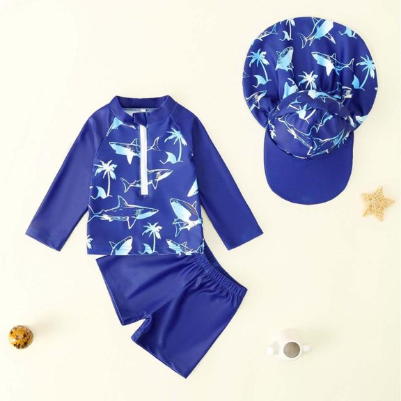 BXSRUTA Boys Printed Split-Body Swimsuit Set with UPF Hat Toddler Baby Boy Beach Swimsuit 3 Piece Summer Bathing Suit