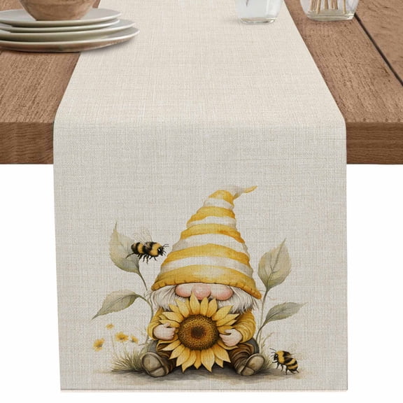 nqOlkjepod Sunflower Retro Table Runner 72 Inches Long Farmhouse Dress Scarves, Yellow Gnomes Bee Beige Vintage Art Dining Tablerunner for Coffee Table/Kitchen Island/Party Décor, 13" x 72"