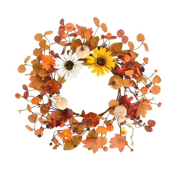 Aximioll 19.69In Fall Orange Wreath with Layered Floral Details, Fall Home Decor for Front Door, Wall, Mantel and Entryway