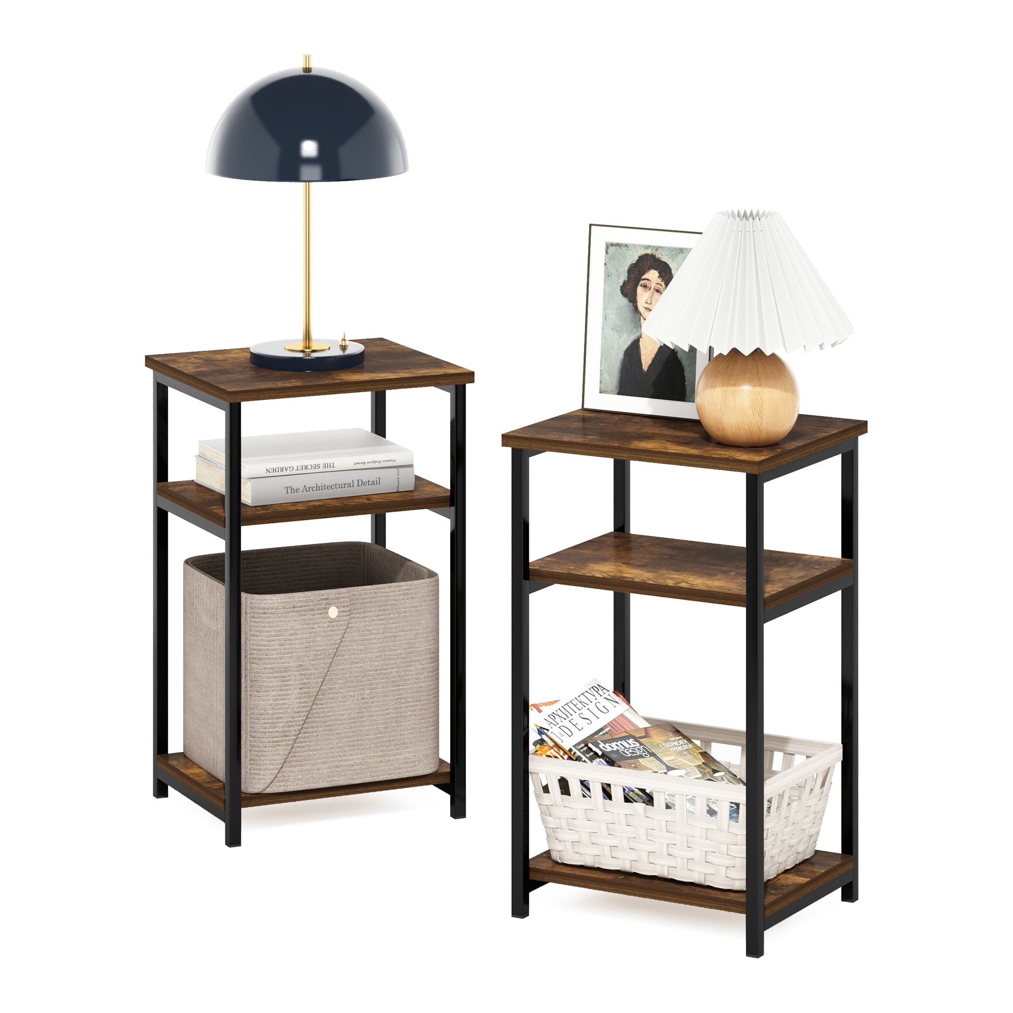 Furinno Just 3-Tier Industrial Metal Frame End Table with Storage Shelves, 2-Pack, Amber Pine