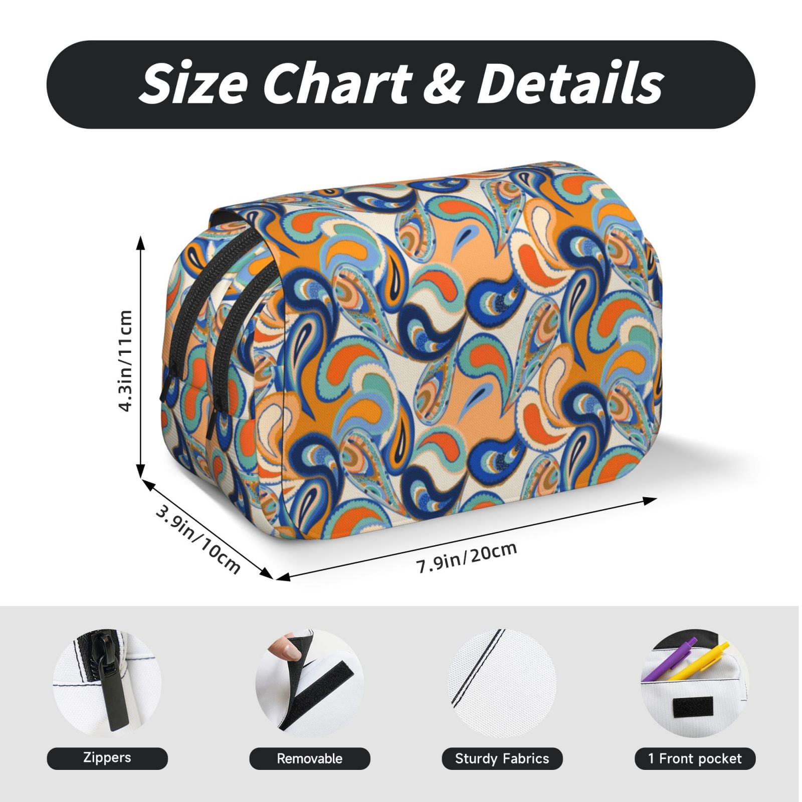 Rateoe Fashionable Paisley Pattern Double Clamshell Pen Case, Storage Organizer with Two Zipper Compartments– Holds Up to 50 Pencils & Pens