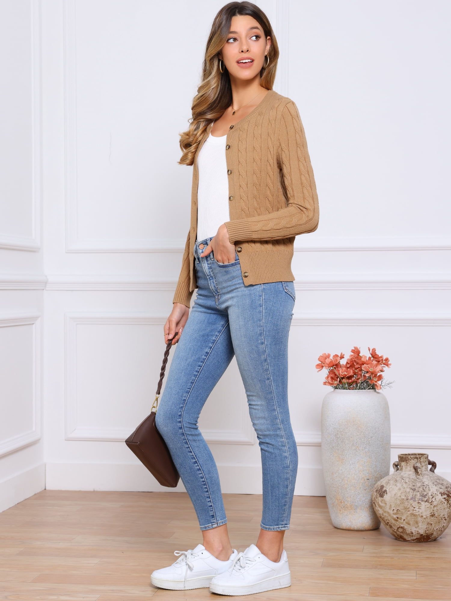 DARING DIVA Women's Cable Knit Button Down Long Sleeve Cardigan Sweater S Light Brown