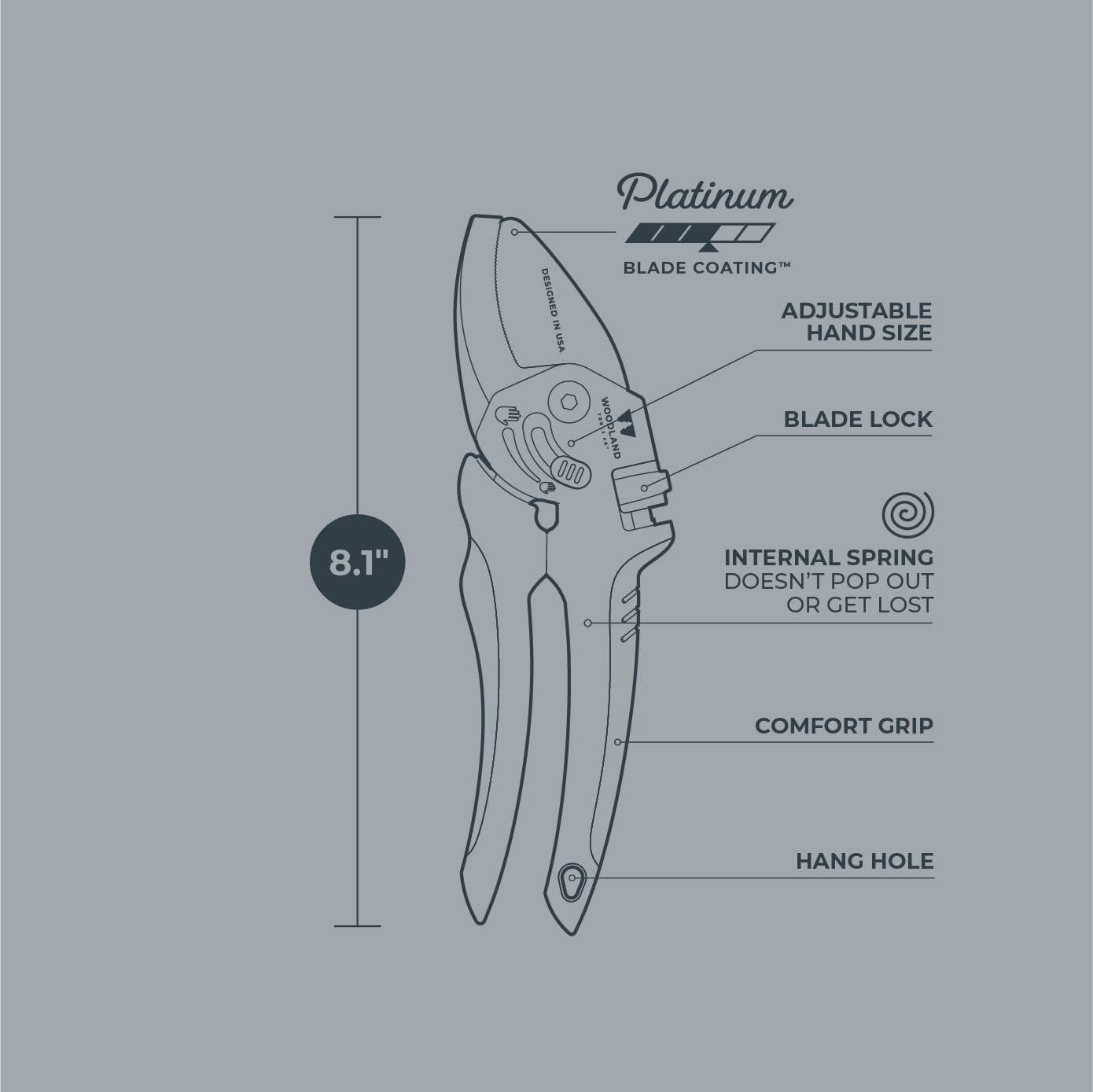 Woodland Tools Co. Heavy Duty Adjustable Anvil Pruning Shears, Gardening Hand Pruner, Stem Cutter, Branch Trimmer, for Dry Dead Growth 05-2004-100