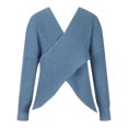 thumbnail image 6 of VSSSJ Women's Cross V Neck Long Sleeve Wrap Knit Sweaters Sexy Backless Ribbed Solid Color Casual Loose Short Pullover Sweater Top Blue M, 6 of 7