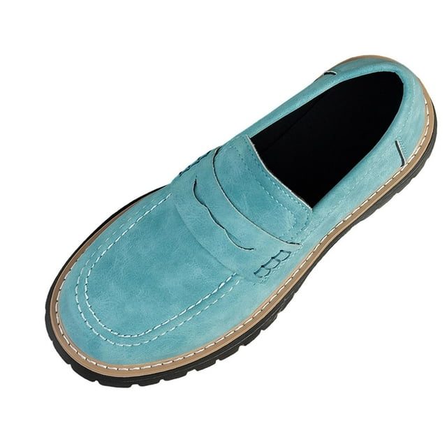 Mocassins Bleus pour Femmes, Bout Rond Givré, Talon Épais, Hauteur Moyenne, Chaussures pour Sorties Décontractées et Usage Intérieur