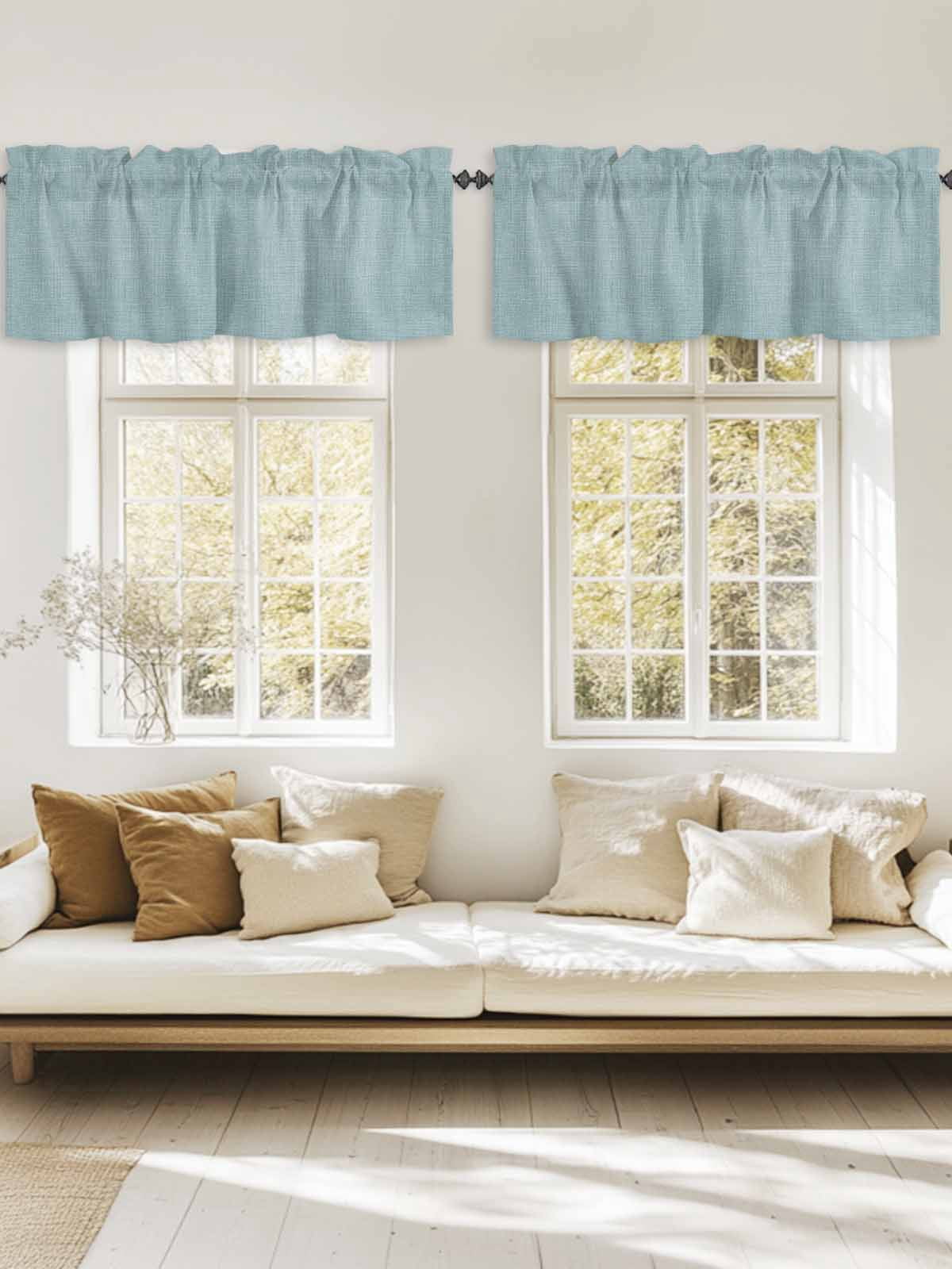 Blue Linen Texture Window Valance, Farmhouse Pure Color 2 Pack Decorative Curtain for Small Windows, Light Filtering Valance with 3” Rod Pocket, 54"W x 18"L