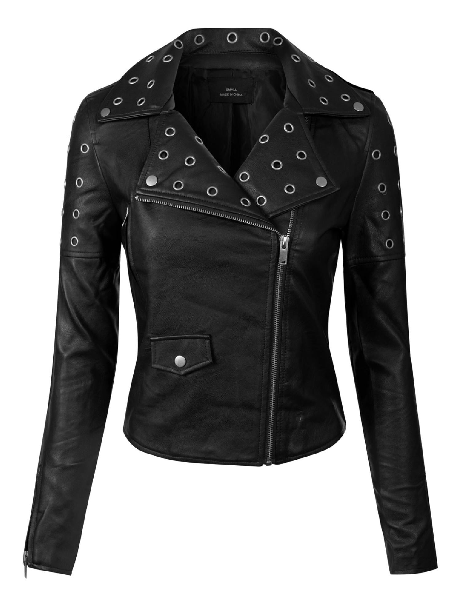 Made By Olivia Women S Long Sleeve Zipper Closure Moto Biker Faux Leather Jacket