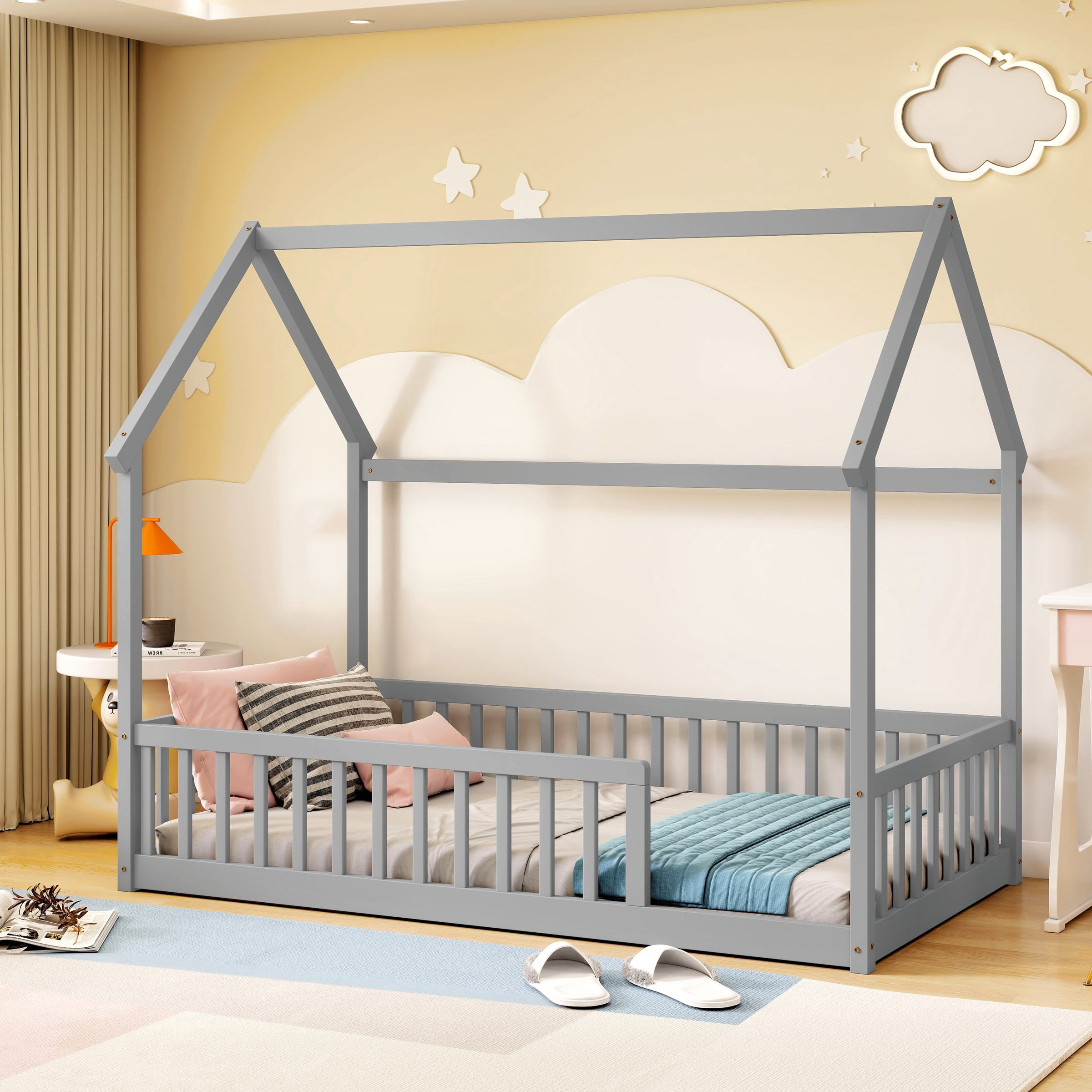 Twin Size House Floor Bed with Roof Frame, Pine Wood Floor Bed with Safety Guardrails, Grey