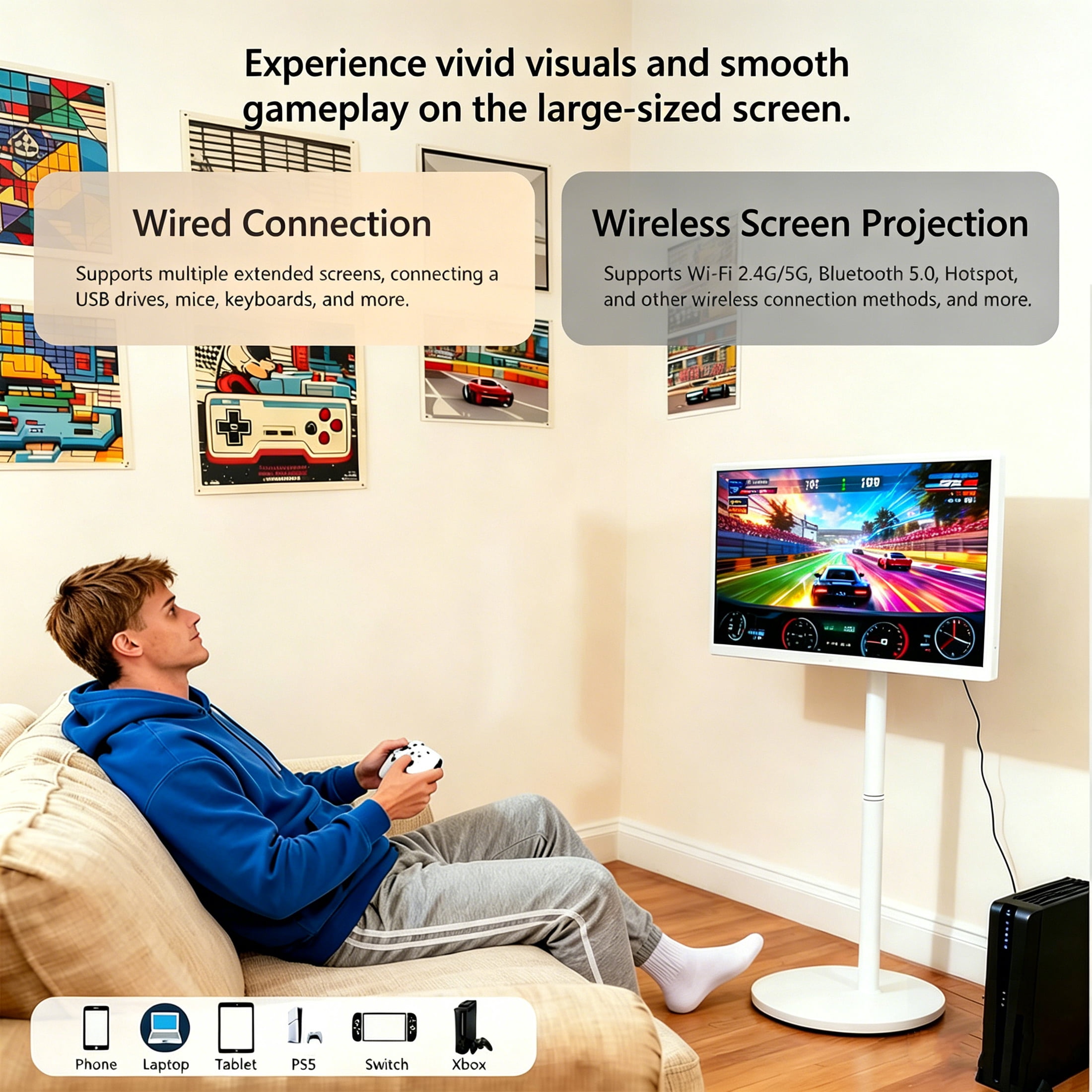32" Smart Portable TV, FHD Touch Screen Monitor on Wheels, Voice Remote Control, Wireless Movable Display, Built-in Battery, Full Swivel Rotation, EDLA-Certified, for Home, Office & Entertainment