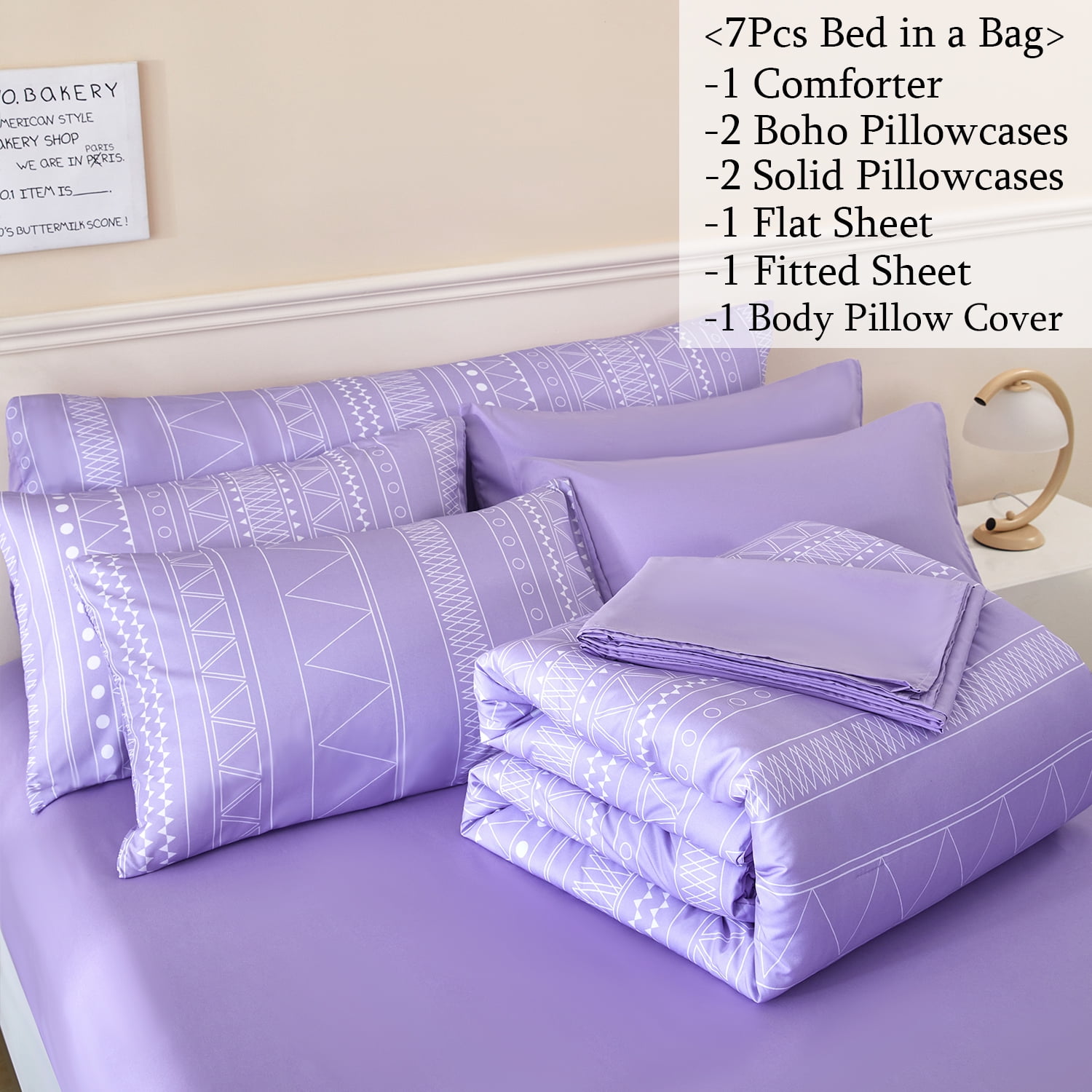 RYNGHIPY 8-Pieces Boho Bedding Set Full Lavender Striped Bed in a Bag for Girls Women Soft Fluffy Purple Comforter Set with Sheet for All Season, Full