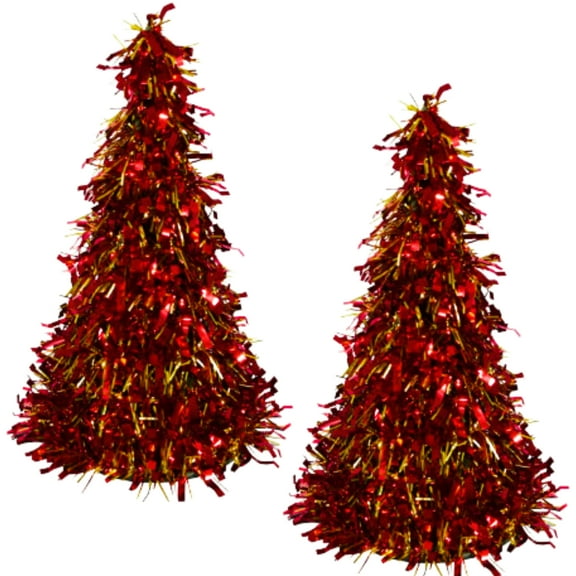 Red Gold Tinsel Trees Cone Shaped 10 Inches Holiday Coffee Table Top Foyer Railing Fireplace Centerpieces Decorative Home Office School Occasional Ornaments Design Display Decorations Pack of 2