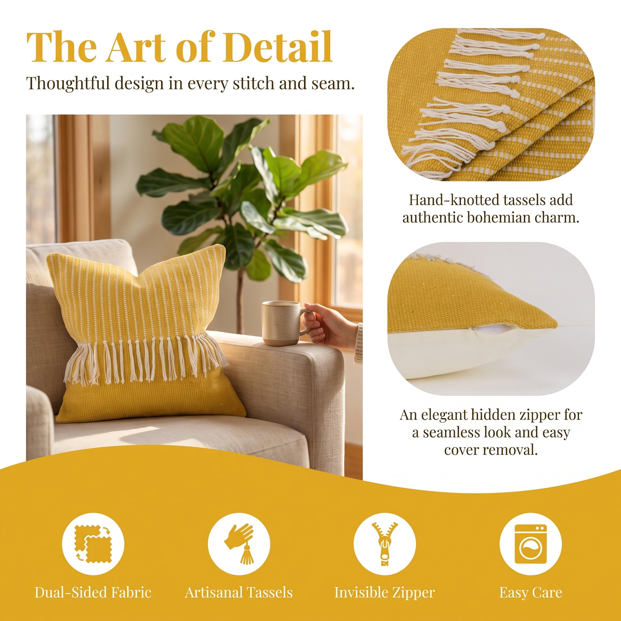 Unique Bargains Woven Striped Throw Pillow Cover Tassels Cushion Case Turmeric 18" x 18"
