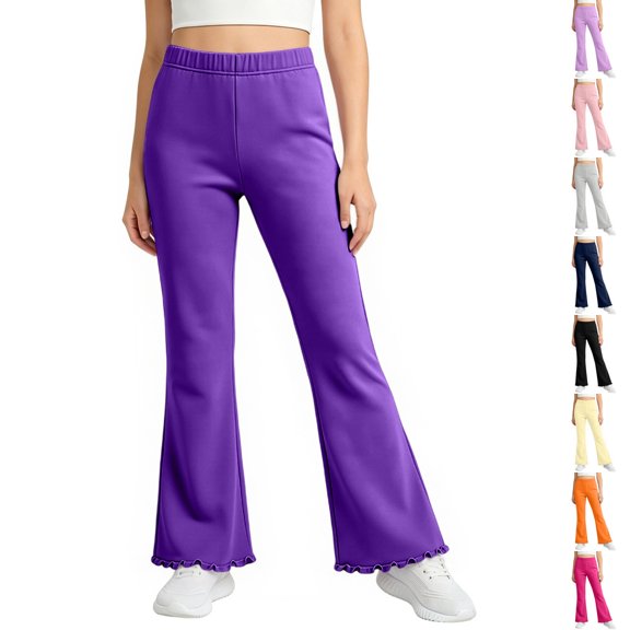Resicozy Girls Ruffle Flare Leggings, High Waist Bell Bottom Pants for Kids, Dance Gymnastics Casual Leggings 3-15 Years Dark Purple 140