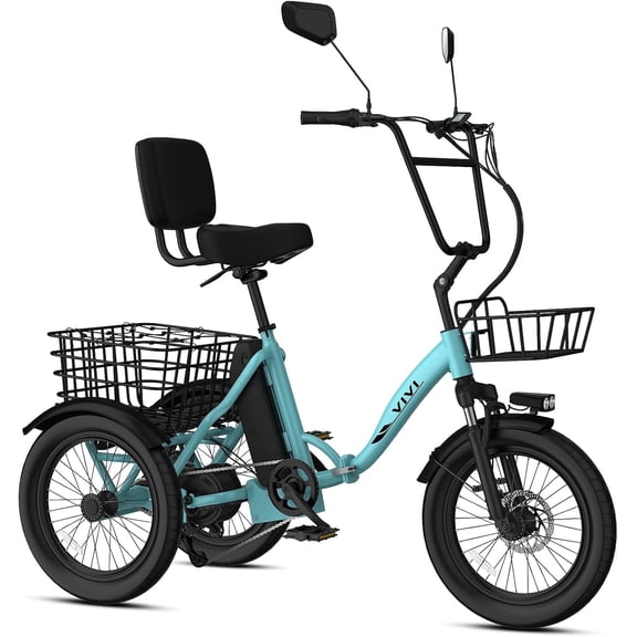 VIVI 3.0'' Fat Tire Electric Tricycle for Adults with 2 Baskets, Peak 750W Motor e Trike,48v 13.5AH Removable Battery, 15.5PMH 3 Wheel E Bike,Bicycle, Up to 40  Miles