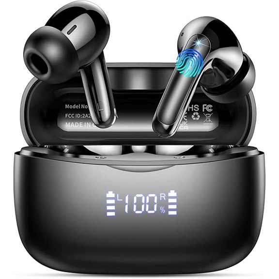 Wireless Earbuds, Bluetooth 5.3 Headphones Stereo Deep Bass with LED Display, 56H Playtime with Noise Cancelling Mic, IPX7 Waterproof in Ear Earbuds, for laptops/tablets/mobile phones/sports, Black