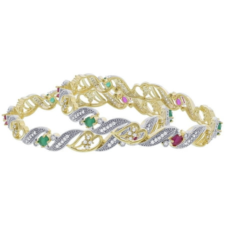Emerald Gemstone Bangle Bracelet - Gold Plated Ruby and Emerald Color Glass with CZ Bollywood Indian Bangle Bracelets Size 2.4 - 2.6 Set of 2