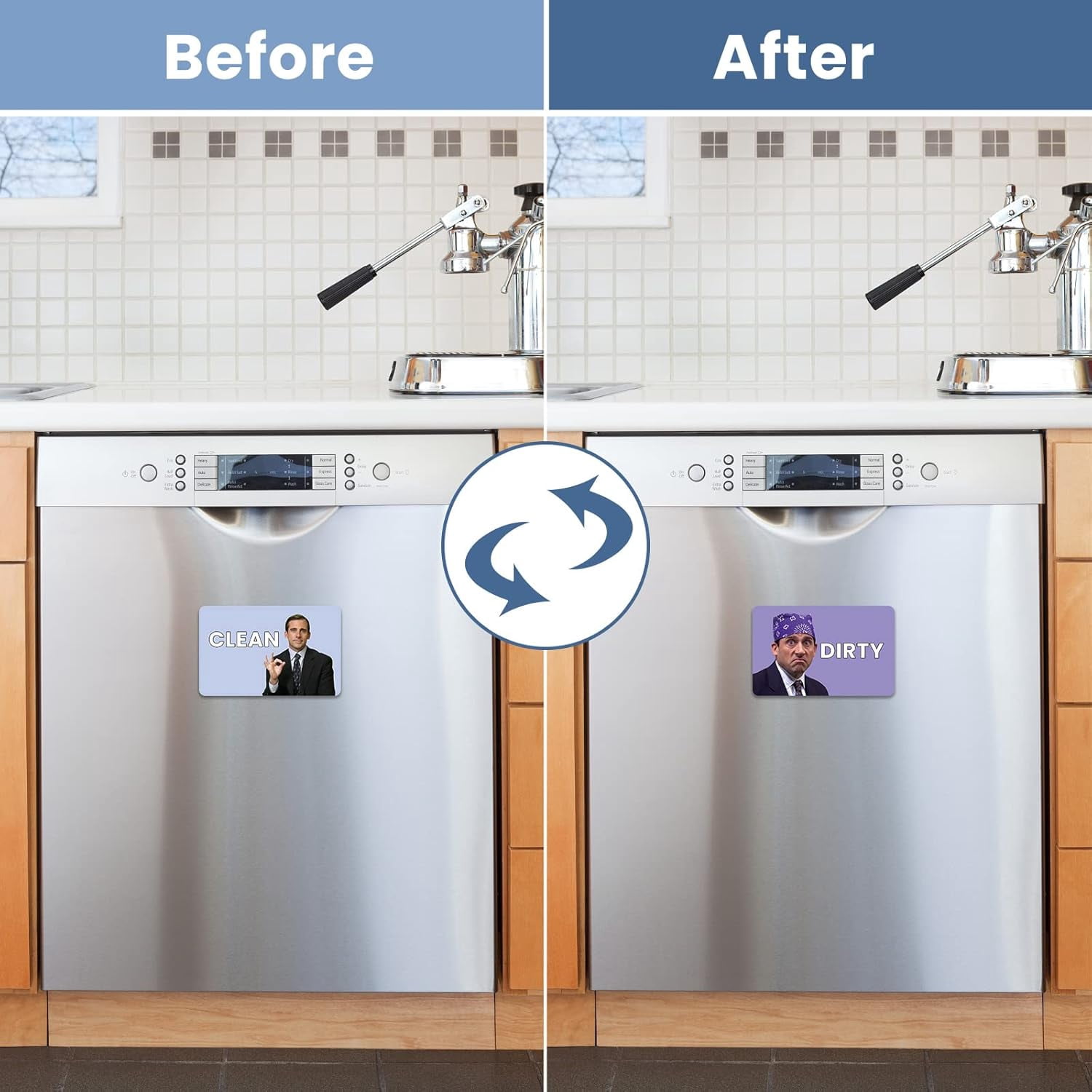 The Office Michael Scott Prison Mike Dishwasher Magnet Clean Dirty Sign Indicator Magnet Double Sided Flip with Metal Magnetic Plate Universal Kitchen Dish Washer Reversible Waterproof Sign