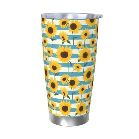 

Cauagu White Blue Striped Sunflower Pattern 20oz Tumbler Stainless Steel Vacuum Insulated Tumbler with Lid Insulated Coffee Mug Thermal Cup with Splash Proof Sliding Lid-Without Straw