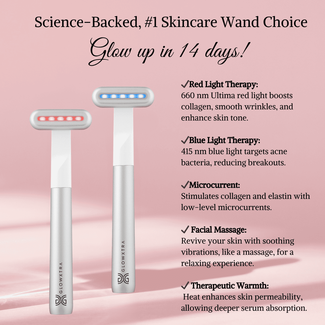 Ultimate Skincare Wand features Red and Blue Light Therapy.