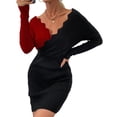 thumbnail image 3 of Vestido de punto Cuello en V Ondulado Manga larga Poliéster Moda Lavable a máquina Ropa de mujer Rojo M, 3 of 7