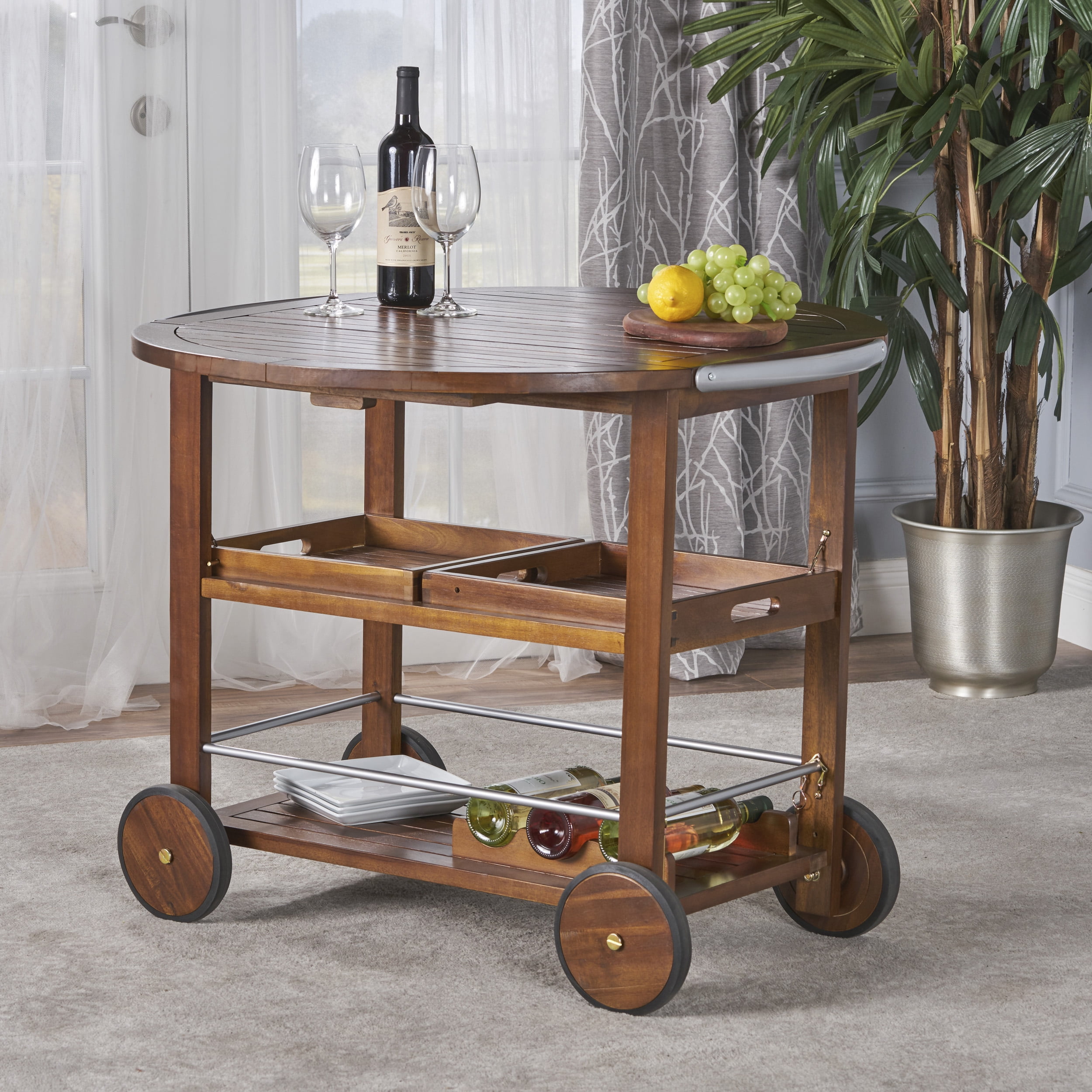 Euroco Outdoor Bar Cart with Drop Leaf Top, Removable Serving Trays, Bottle Storage, and Lockable Wheels, Weather-Resistant Wood and Aluminum Rolling Beverage Cart – Modern Industrial Style