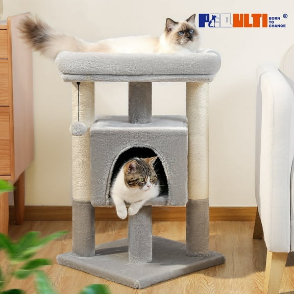 PEQULTI 28" Modern Cat Tree Tower with Large Top Perch for Kittens & Medium Size Cats Indoor Gray