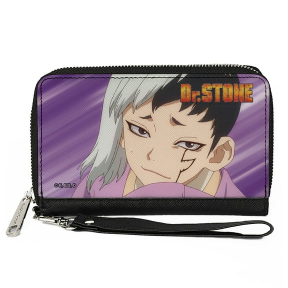 Dr. Stone Wallet, Zip Around, Dr Stone Gen Asagiri Face and Title Logo Purples, Vegan Leather