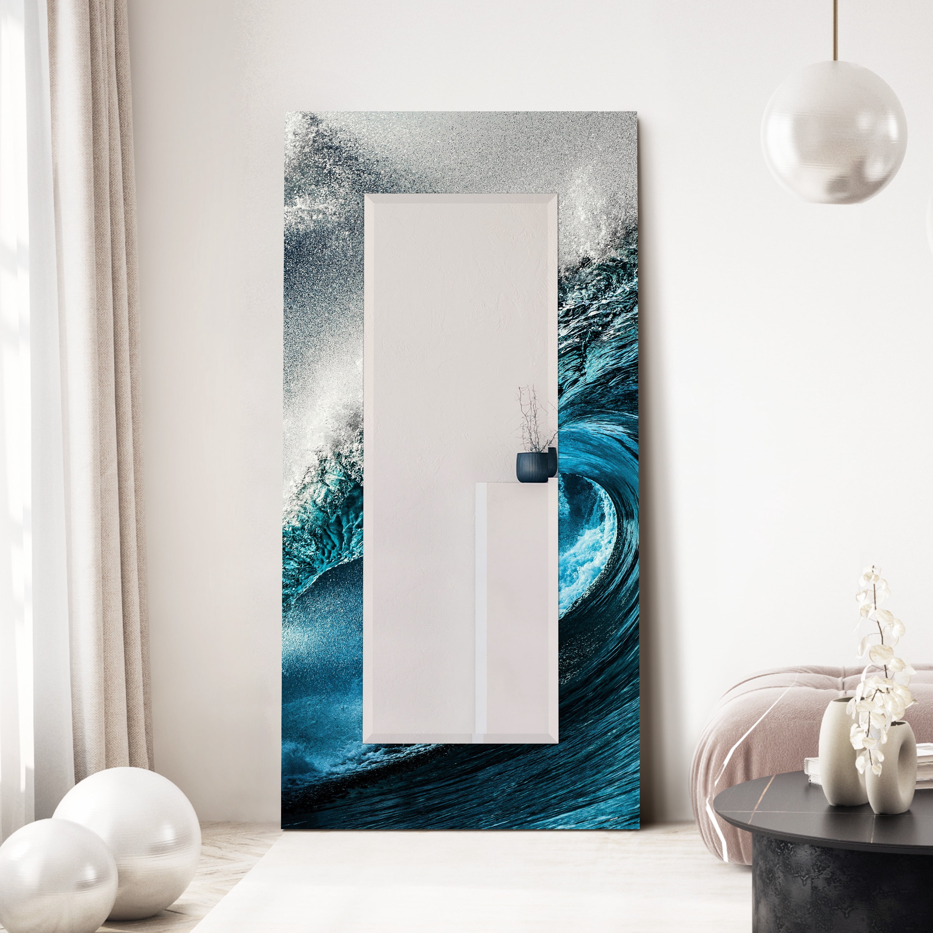 "Sapphire Sea" 72"x 36" Reverse Printed Tempered Art Glass with 60"x20" Rectangular Beveled Mirror