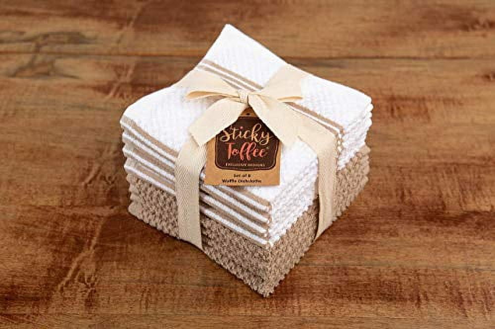 Sticky Toffee Kitchen Dishcloths Towels 100% Cotton, Set of 8, Tan and White Dish Cloth Towels, 12 in x 12 in