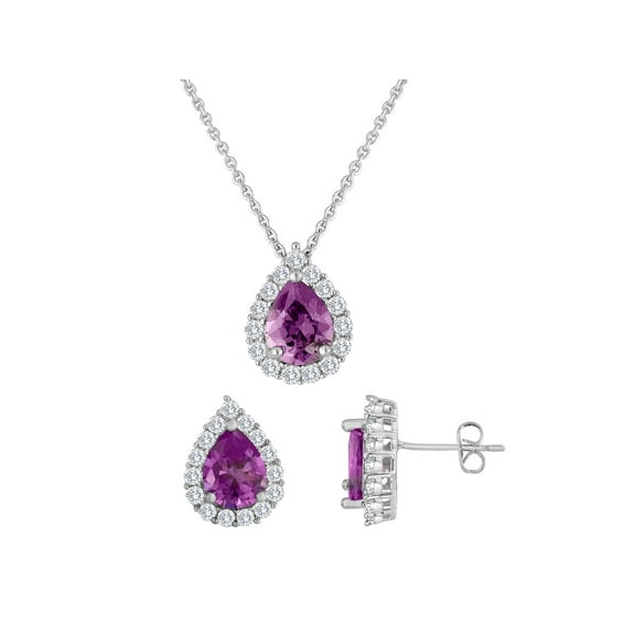 Simulated Amethyst and CZ Fine Silver-Plated Boxed Set with Earring and Pendant, 18"