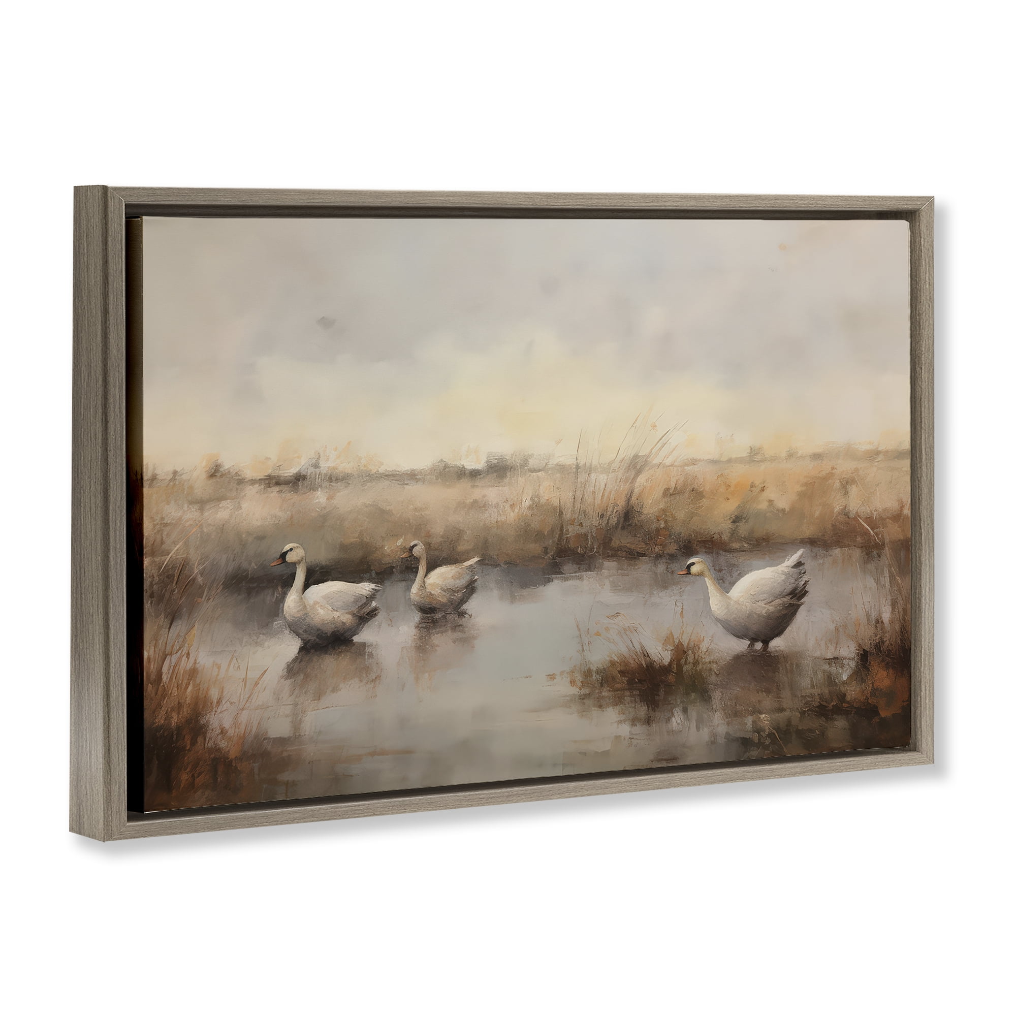Stupell Industries Swan Family Rural Pond Landscape & Nature Painting Brown Floater Framed Canvas Art Print Wall Art, 31 x 21