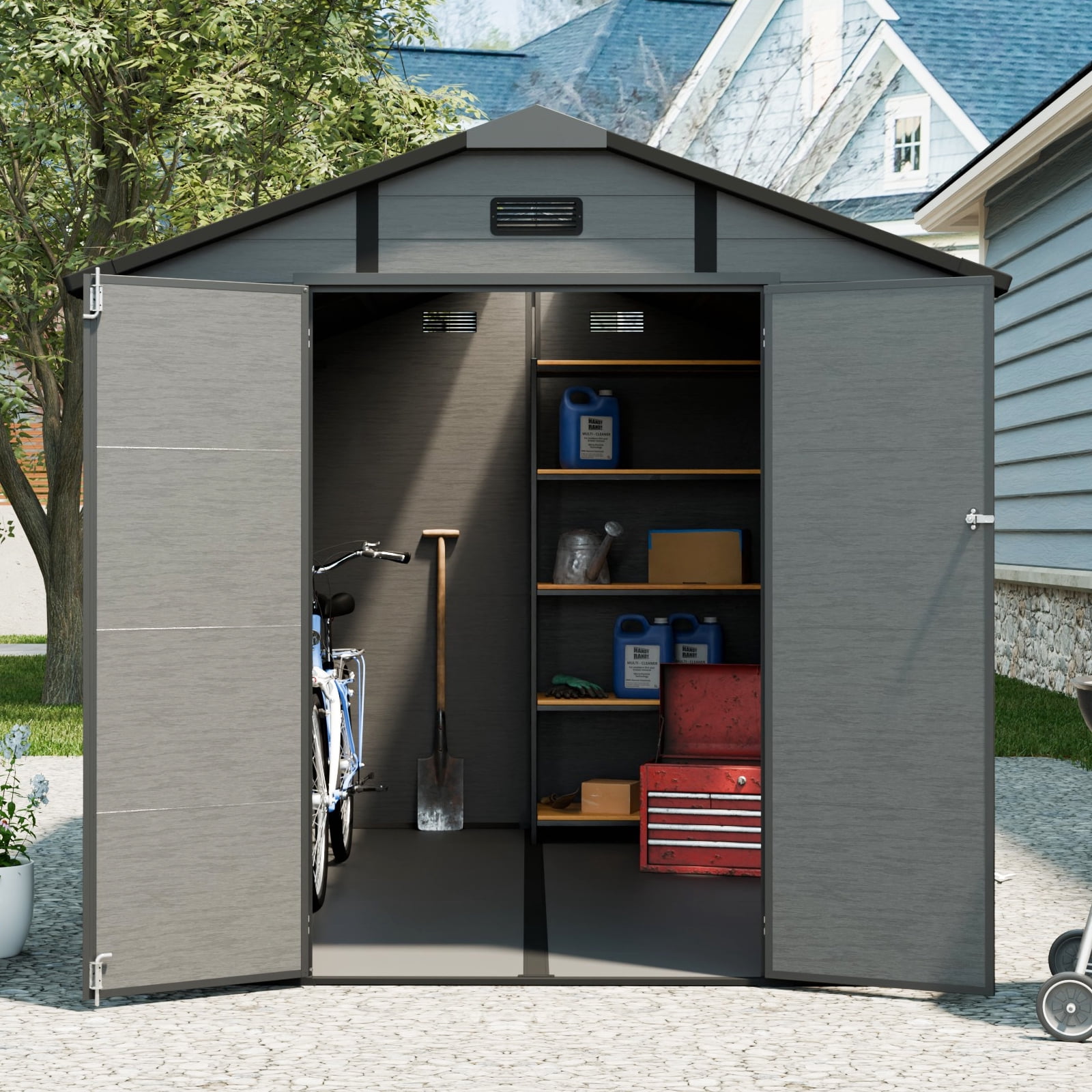 Mintazer 8x10ft Outdoor Storage Shed with 2 Lockable Doors & Windows, Weatherproof Plastic Garden Utility Shed with Vents & Skylight for Backyard Garden Patio